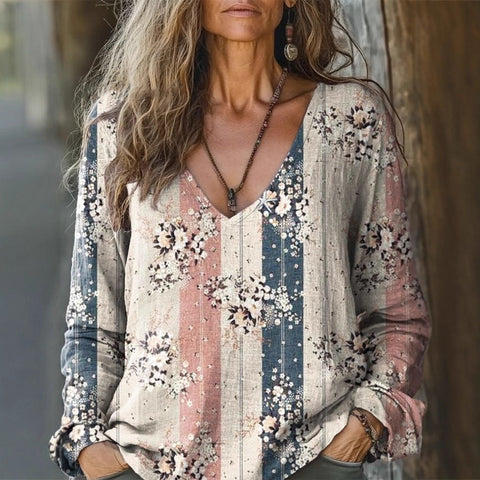 Casual V-Neck Long Sleeve Pullover Digital Printing Women's Upper T-Shirt m303120