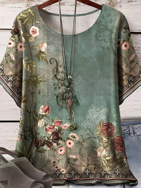 Kurzarm-T-Shirt aus Baumwolle mit Retro-Print im Frühjahr, neues, vielseitiges Rundhals-Shirt mit Bodenbildung m301287 