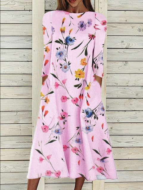 Bedrucktes Pendlerkleid aus Baumwolle und Leinen mit 7-Punkt-Ärmeln und lockerem, langem Temperament m300731 