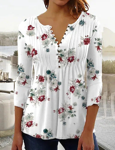 T-shirt imprimé à col en V et manches courtes, boutonné et plissé, m300032 