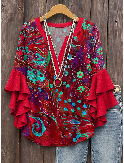Kreativer Digitaldruck mit Blumenelementdruck, lässiger Trend, V-Ausschnitt, Lotuskante, T-Shirt m301352 