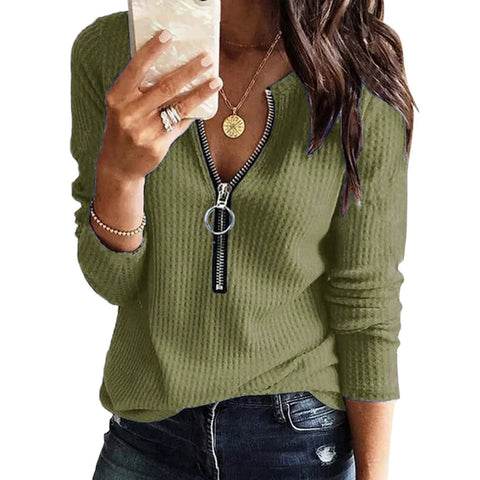 T-shirt tricoté à manches longues et col en V avec fermeture éclair, grande taille, pour femme, M300174 