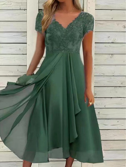 Robe en mousseline de soie, col en V, dentelle ajourée m301252 
