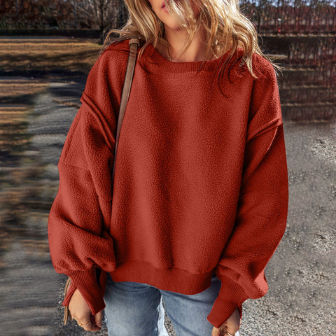 Splicing design hem irregular loose plush sweater top women m301914