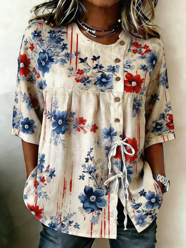 Color matching loose blouse five-button drawstring shirt m302758