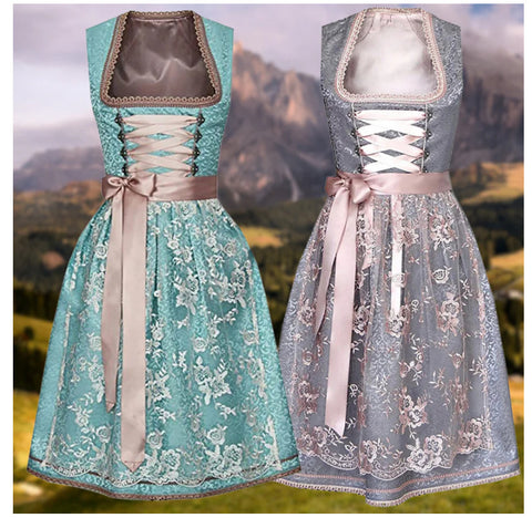 Oktoberfest Damenrock mit eckigem Ausschnitt und Taillengurt, Spitzenschürze m300483 