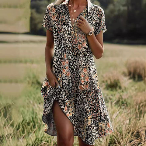 Robe longue à col ras du cou et manches courtes, imprimé bohème m300908 