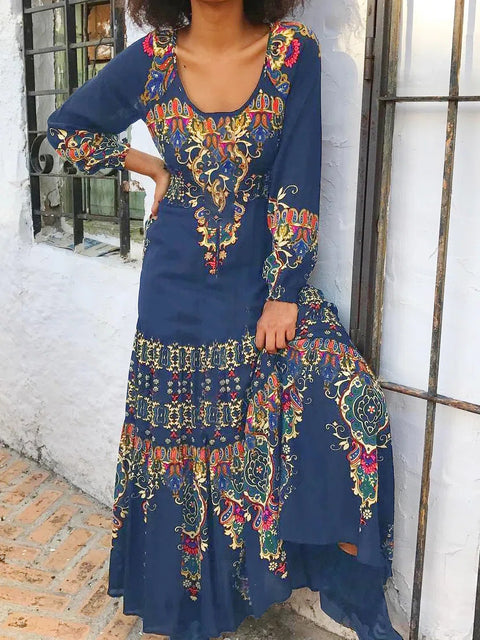 Robe élégante à manches longues, imprimé automne, col en U, style vacances balnéaires, m300927 