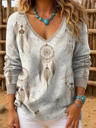 Shoulder V-neck Long Sleeve Pullover 3D Digital Printing Women's Top T-Shirt FF303430 03
