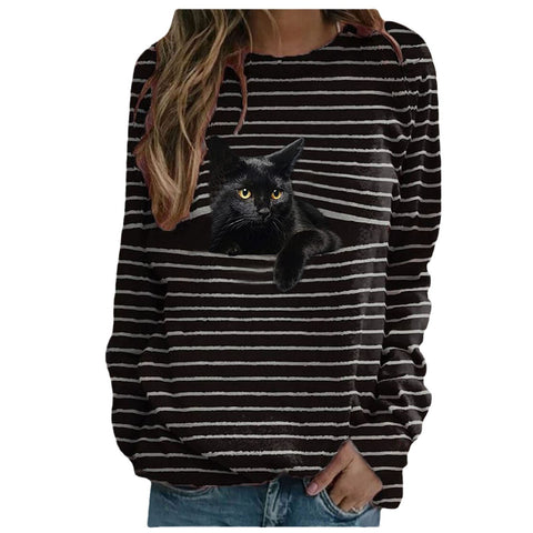 T-shirt décontracté à manches longues et imprimé chat, haut rayé m300513 
