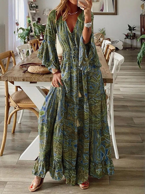 Robe de vacances bohème à manches évasées, imprimée, col en V, taille haute, m300709 