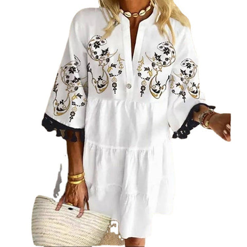 Robe courte à col en V et imprimé à pompons, style tempérament mignon M300195 