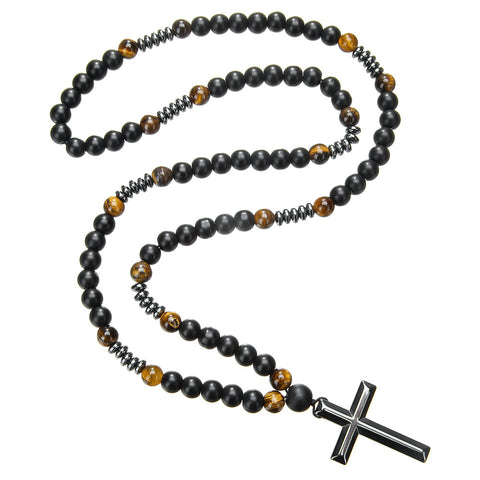 Collier hip hop en pierre naturelle noire, œil de tigre jaune, croix en pierre de fer, m3331291 