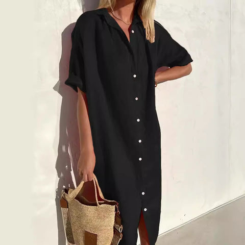 Robe chemise élégante, décontractée, ample, à manches courtes, en coton et lin, avec poches longues, m301256 