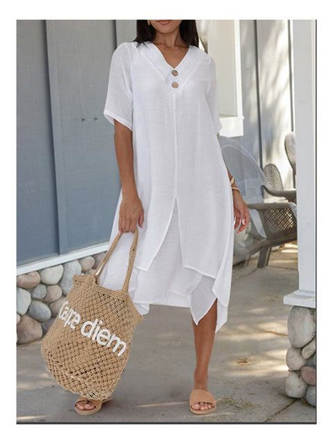 Robe littéraire en coton tissé et lin double épaisseur fendue à col en V m301247 