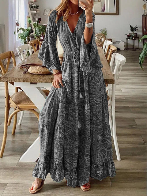 Robe de vacances bohème à manches évasées, imprimée, col en V, taille haute, m300709 