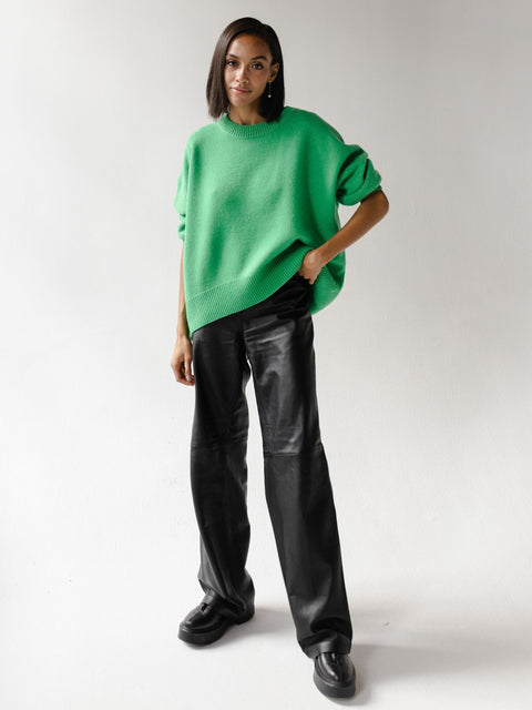 Women's knitted sweater crew neck solid color loose sweater m300667