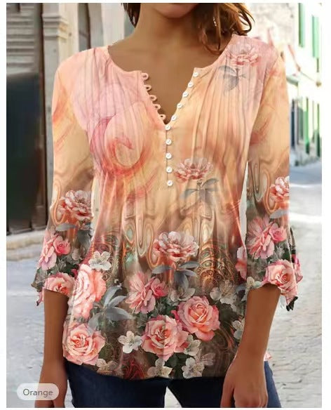 T-shirt imprimé à col en V et manches courtes, boutonné et plissé, m300032 