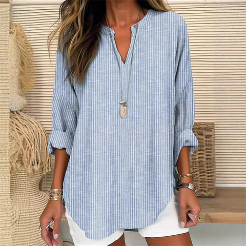 Petit T-shirt à manches longues et col en V pour femme, boutonné sur l'épaule, ourlet incurvé, m301361 