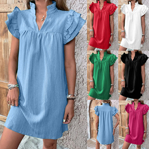 Robe pull polyvalente à col en V et manches en feuille de lotus multicouches m301019 