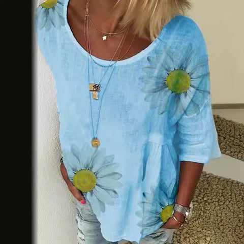 T-Shirt mit Rundhalsausschnitt und 7/4-Ärmeln und Chrysanthemen-Print für Damen m300893 
