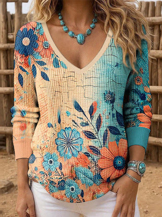 Shoulder V-neck Long Sleeve Pullover 3D Digital Printing Women's Top T-Shirt FF303430 03