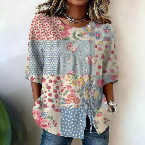 Color matching loose blouse five-button drawstring shirt m302758