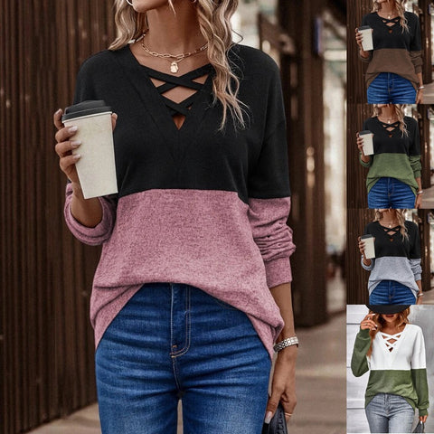 New V-neck cross-contrasting color splicing shoulder sleeve casual T women's top m302353