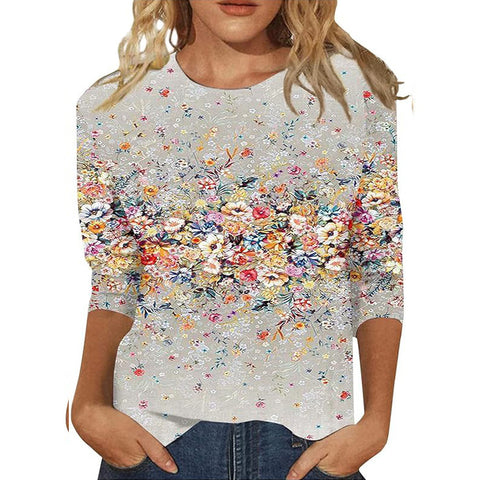Pull ras du cou à manches sept-quarts et imprimé 3D de fleurs et de plantes m300615 