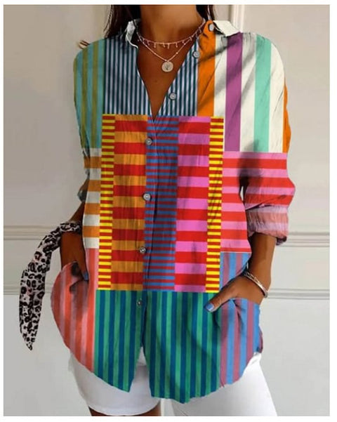 3D digital printing abstract pattern women's long-sleeved buckle linen shirt m302749-03