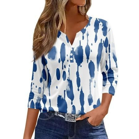 Col en V, manches sept-quarts à trois boutons, imprimé floral, vêtements amples pour femmes à la mode et décontractés m300565 