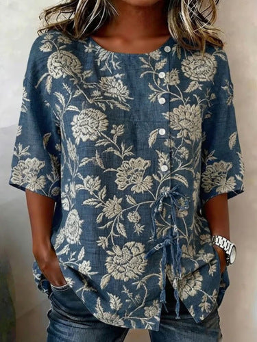 Color matching loose blouse five-button drawstring shirt m302758