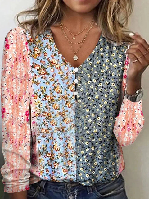 Pull-shirt à manches longues et col en V avec boutons nacrés et étoiles tie-dye m300609 