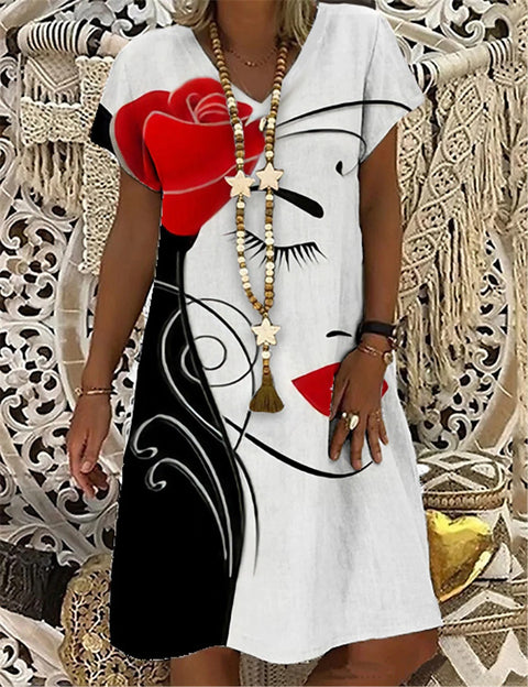 Robe imprimée à col en V pour femme, manches courtes, longueur moyenne et longue, m300932 