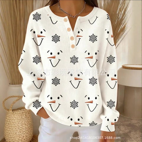 New Christmas sweater casual print cute button-up women's top FF303407