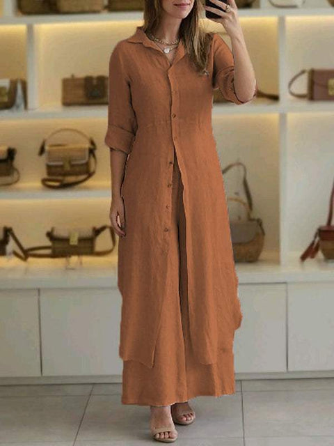 Ensemble élégant en coton et lin, coupe ajustée, chemise à manches longues et pantalon large m301063 