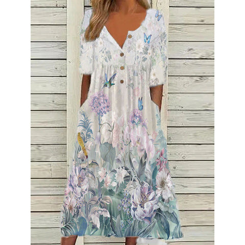 Robe imprimée à manches courtes et col en V avec poches pour femme et jupe longue m300028 