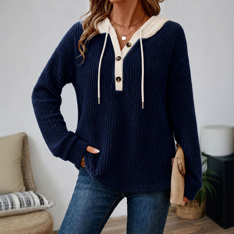 Loose v-neck button-down drawstring hooded casual women's top FF303504