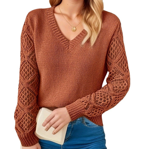 Spring and Autumn Jacket Hollow Knitted Sweater Women's Pullover Long Sleeve Hook Jacquard Loose V-Neck Bottom Top m301922