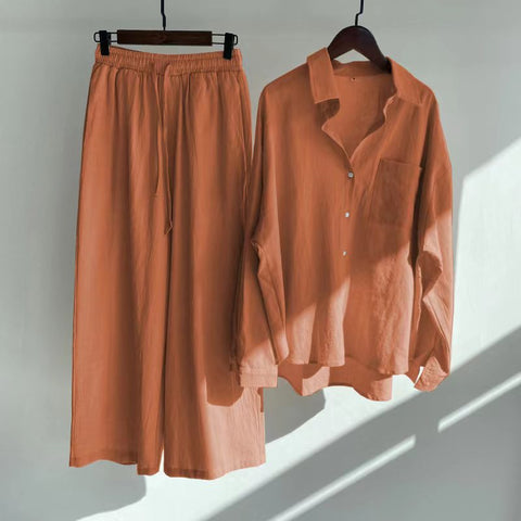 Cotton and linen shirt set high waist loose trousers m301983