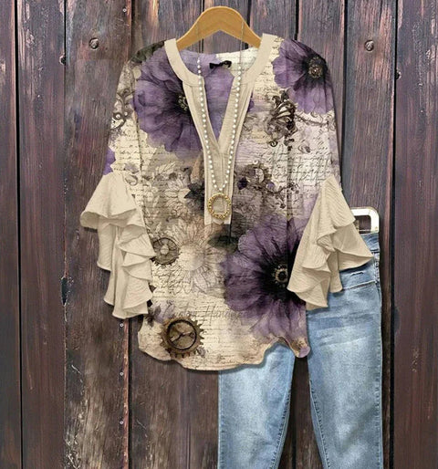 Creative floral element printing digital printing casual trend V-neck lotus edge T-shirt women's top m301778