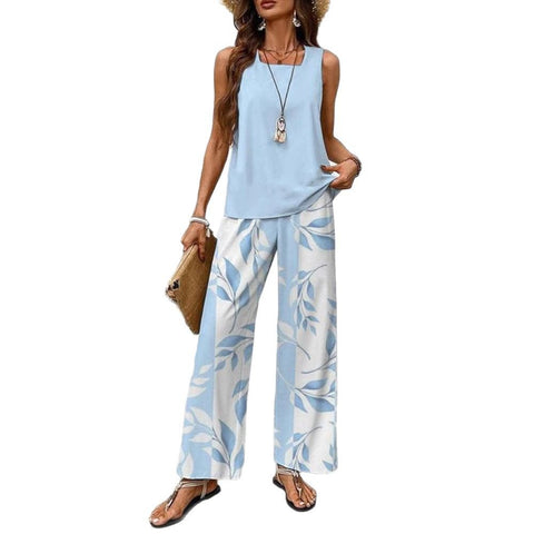 Lässige Pulloverweste mit quadratischem Ausschnitt und Hose mit Digitaldruck für Damen, zweiteilig, m301436 