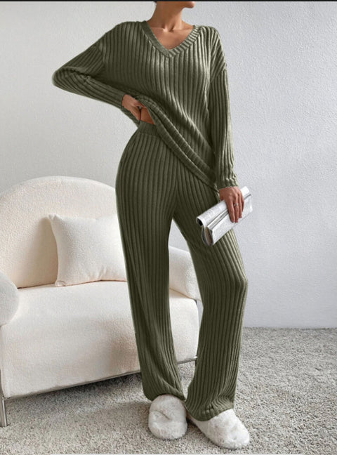 Gerade Hose Temperament locker V-Ausschnitt Grubenstreifen Strickbezug m301375 
