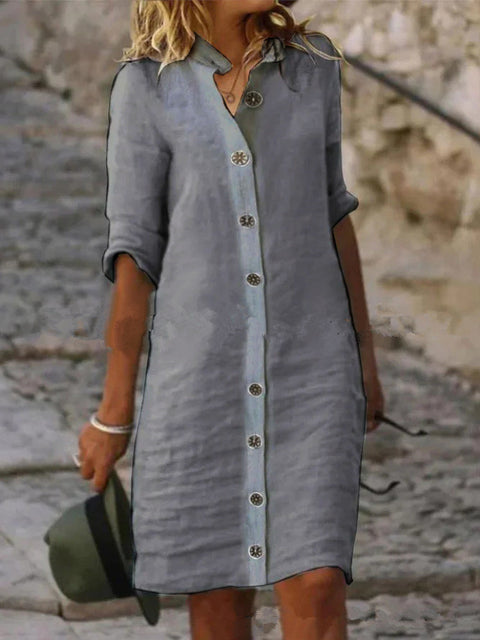Robe en coton et lin à col chemise et manches mi-longues, grande boucle ronde M300218