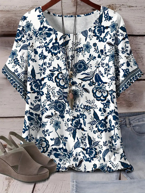 Kurzarm-T-Shirt aus Baumwolle mit Retro-Print im Frühjahr, neues, vielseitiges Rundhals-Shirt mit Bodenbildung m301287 