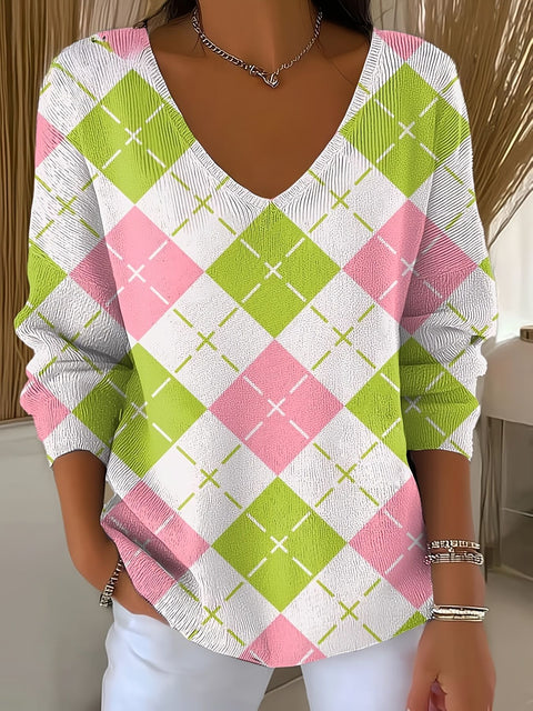 Shoulder V-Neck Long Sleeve Pullover 3D Digital Printing Women's Top T-Shirt m302616