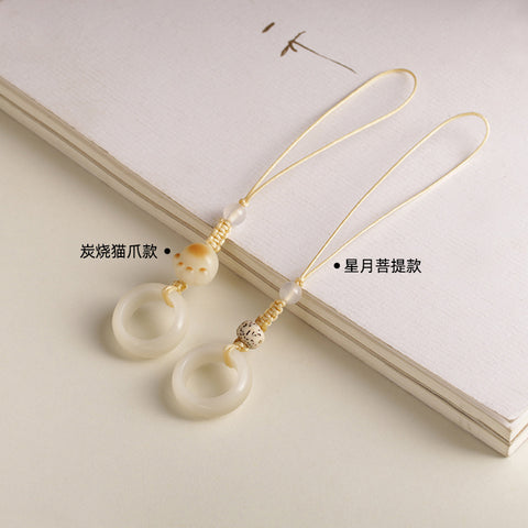 Anneau de course en jade blanc Bodhi racine chaîne de téléphone portable tissé à la main mignon Dongling jade porte-clés pendentif m3331261 