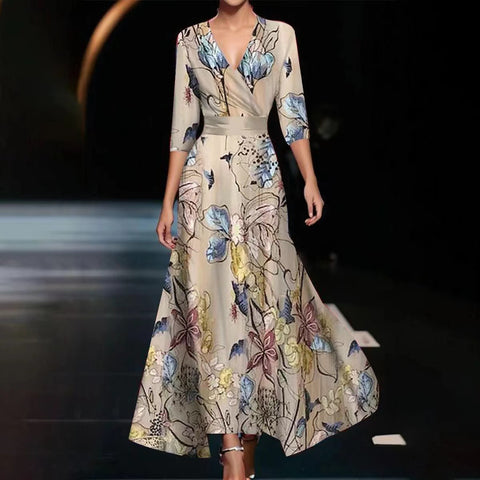 Robe longue à col en V croisé et manches sept pour femme m300923 