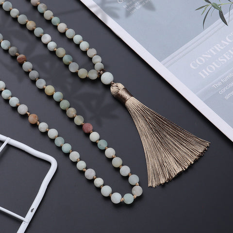 Collier de 108 perles en pierre naturelle Mara, chaîne de pull nouée à la main avec franges m3331281 