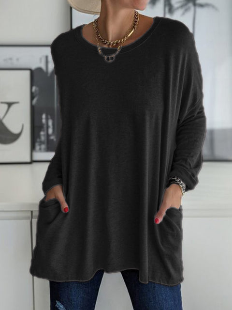 Crew neck long sleeve loose pocket solid color T-shirt casual women's clothing m301315